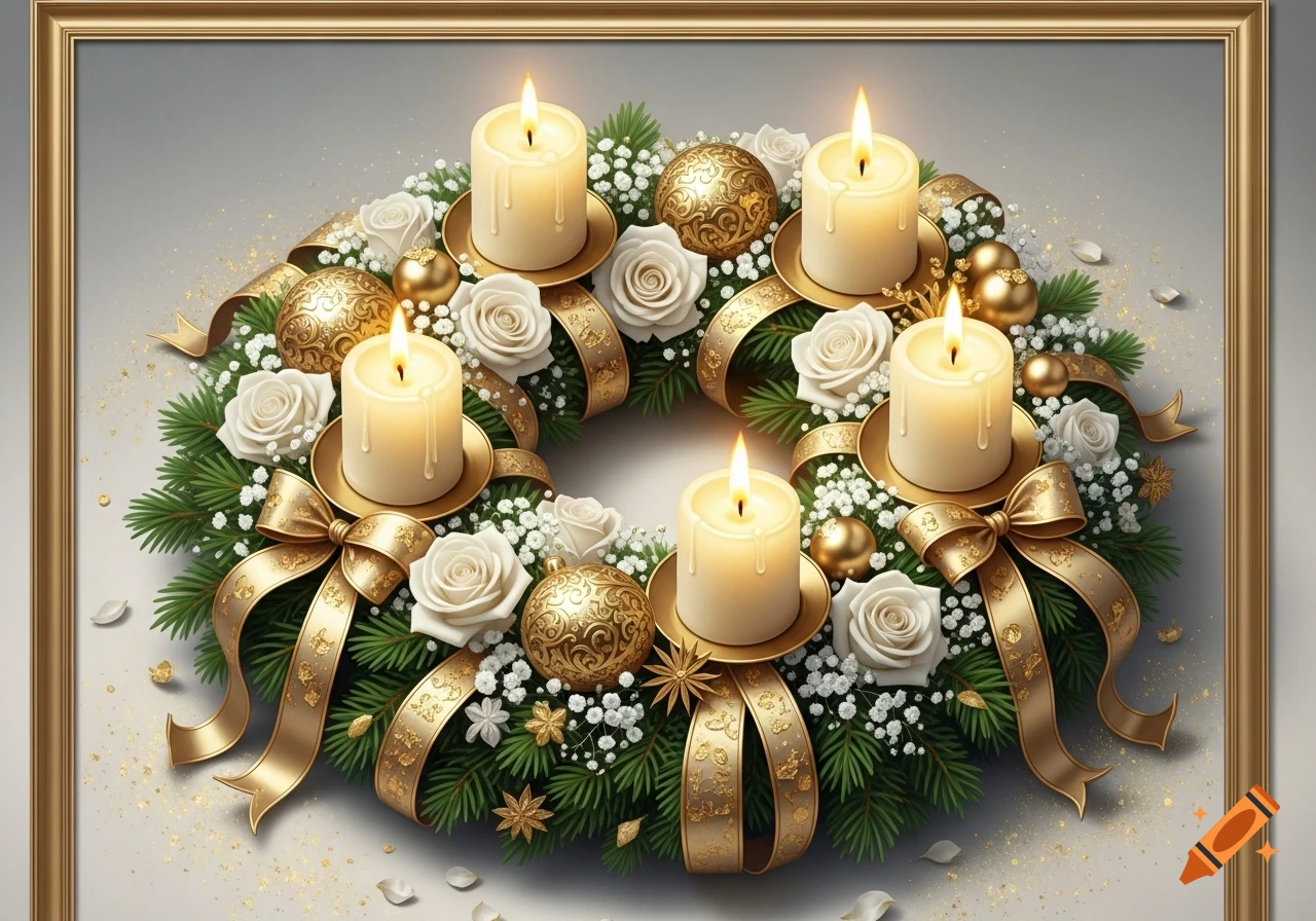 An ornate Advent wreath with four burning candles, white roses, evergreen branches, gold ribbons, and gold ornaments, framed against a light background.