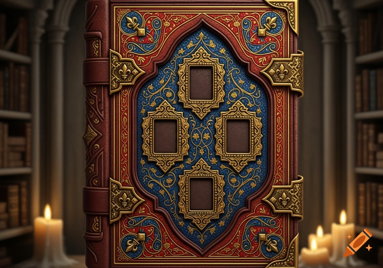 A richly decorated medieval book cover with gold, red, and blue patterns, and four empty frames, set in a library.