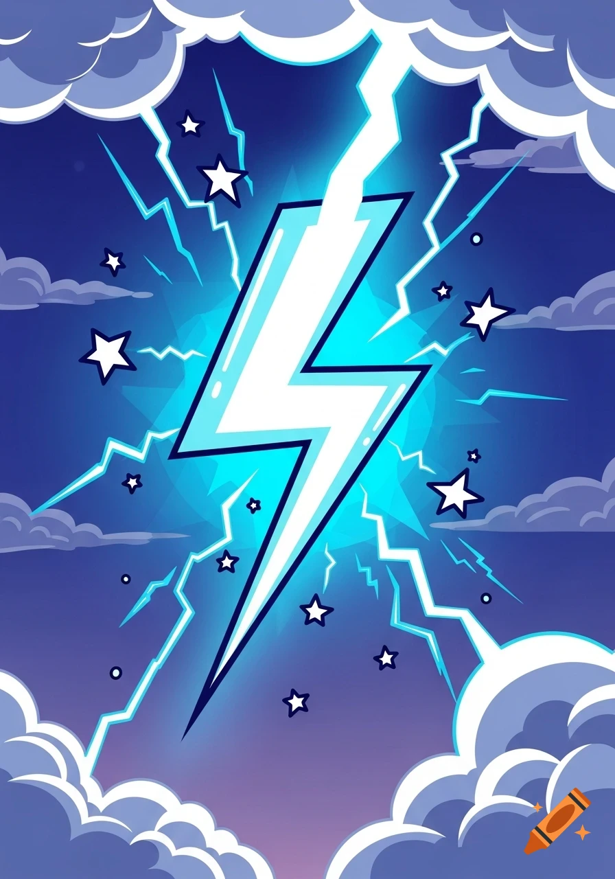 Cartoon electric bolt flashes across a blue sky with dark clouds and stars.
