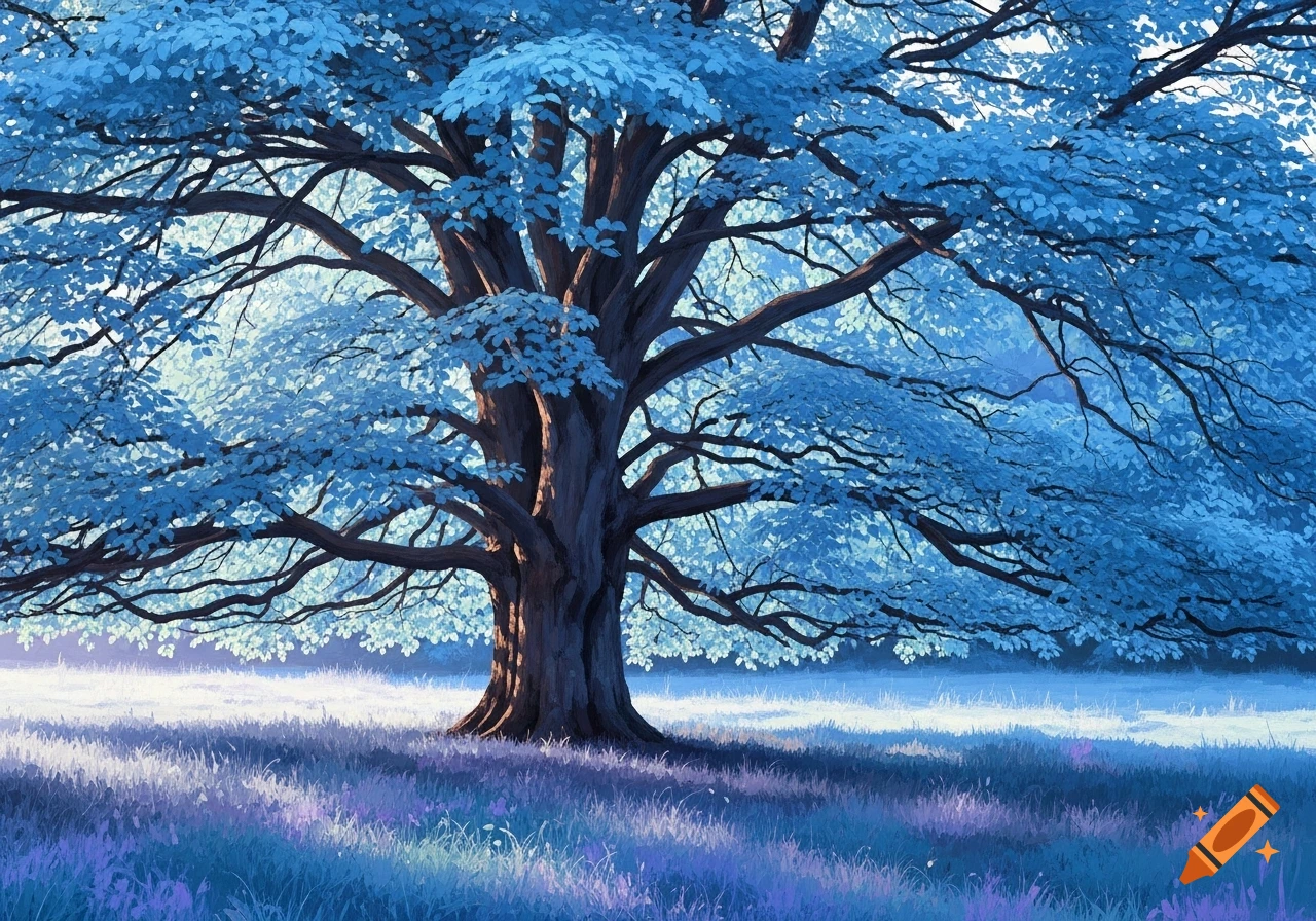 A large, impressionistic tree with blue leaves and a dark trunk stands in a field of blue and purple grass.