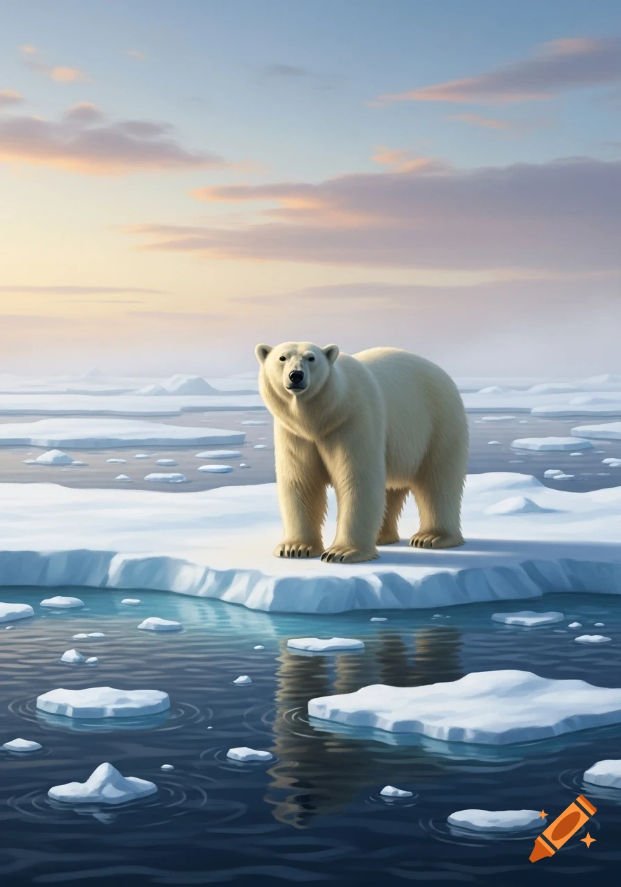 A fluffy polar bear stands on a small melting ice floe in the arctic sea under a soft, cloudy sky.