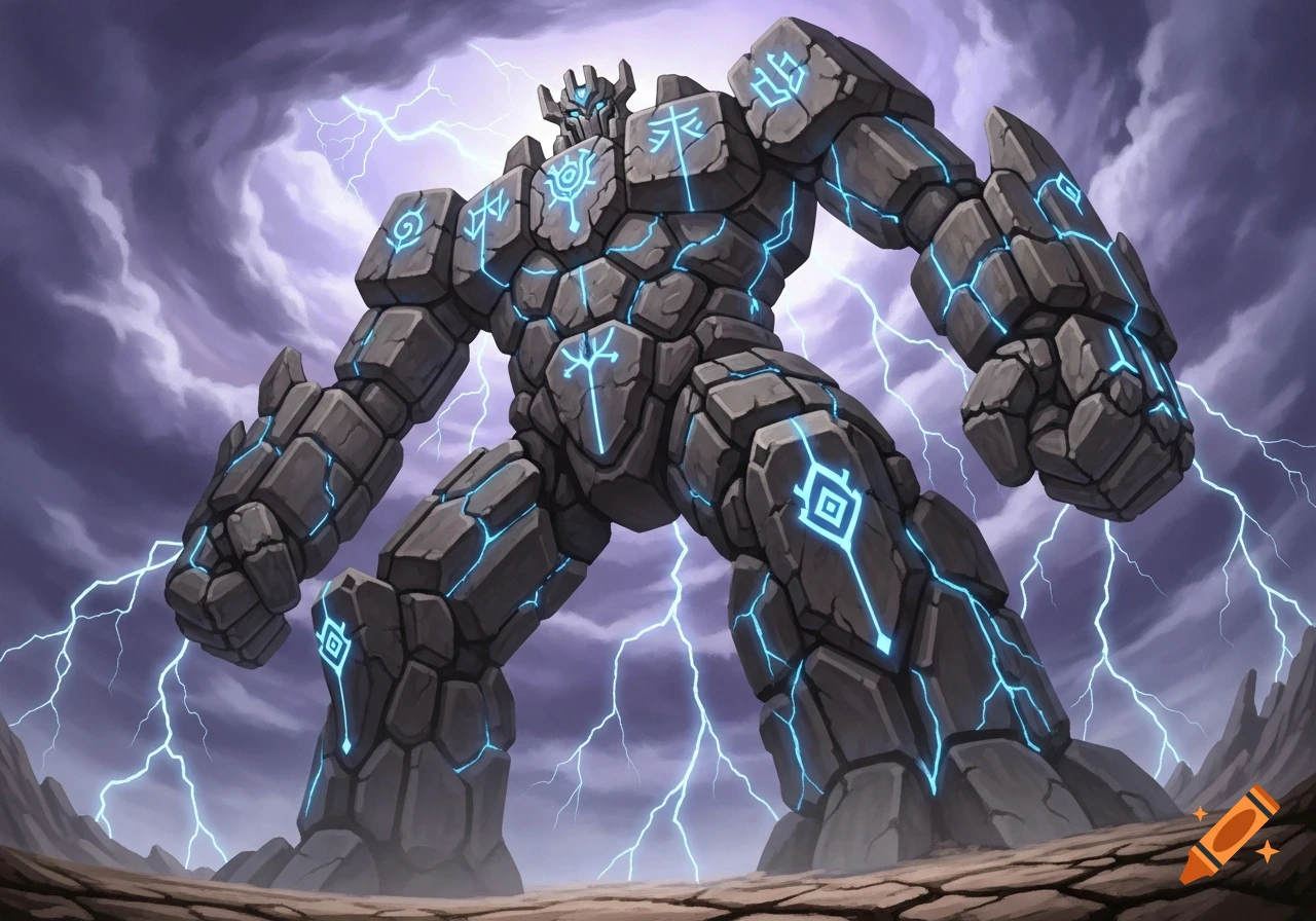 A massive, muscular rock golem with glowing blue runic symbols stands against a stormy, lightning-filled sky.
