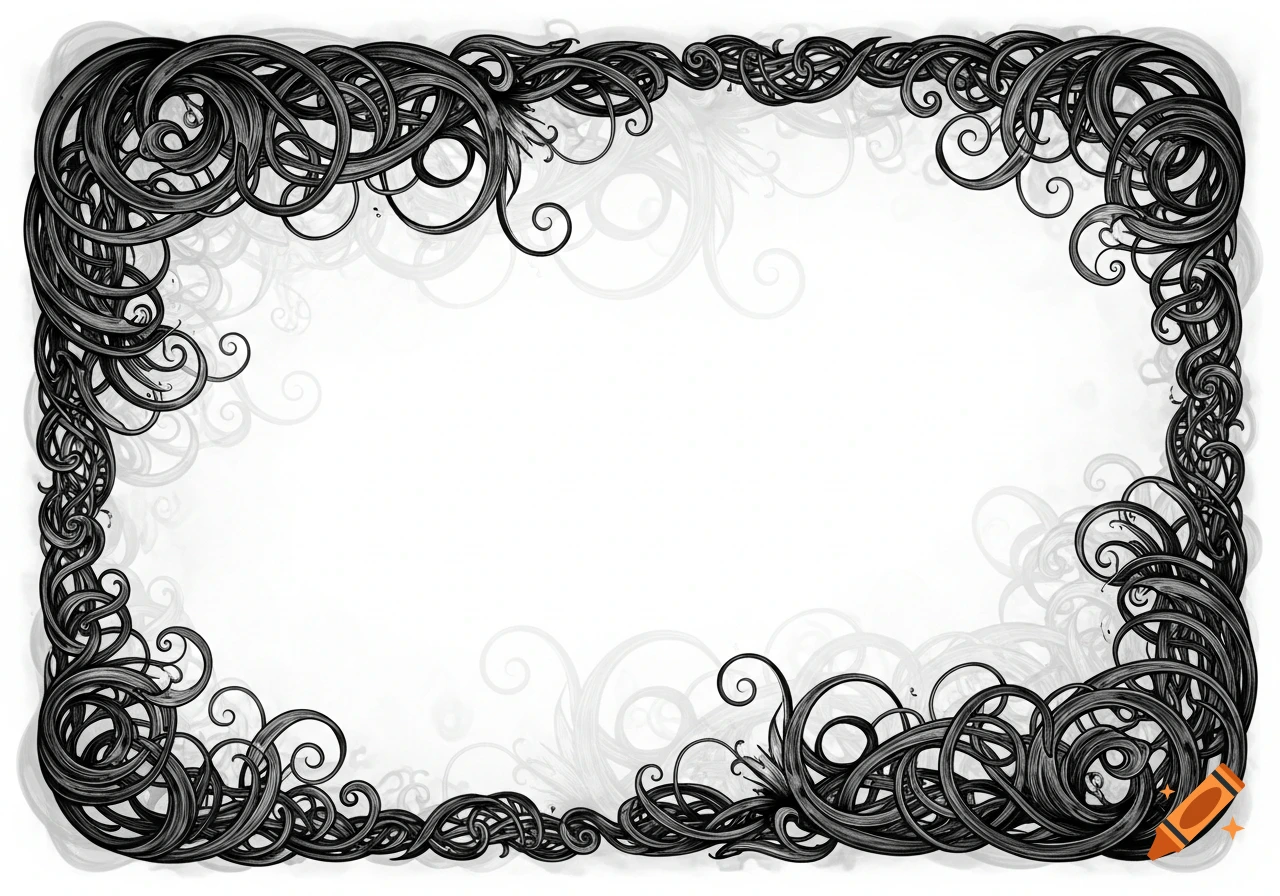 A decorative border featuring intricate black swirling, entangled lines forming a rectangular frame around a white background.