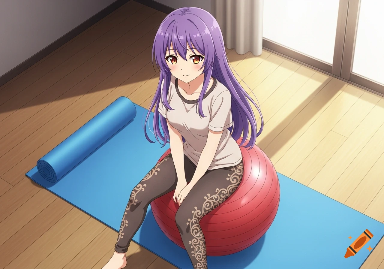 Anime girl with purple hair and orange eyes sitting on a red exercise ball on a blue yoga mat in a sunny room.