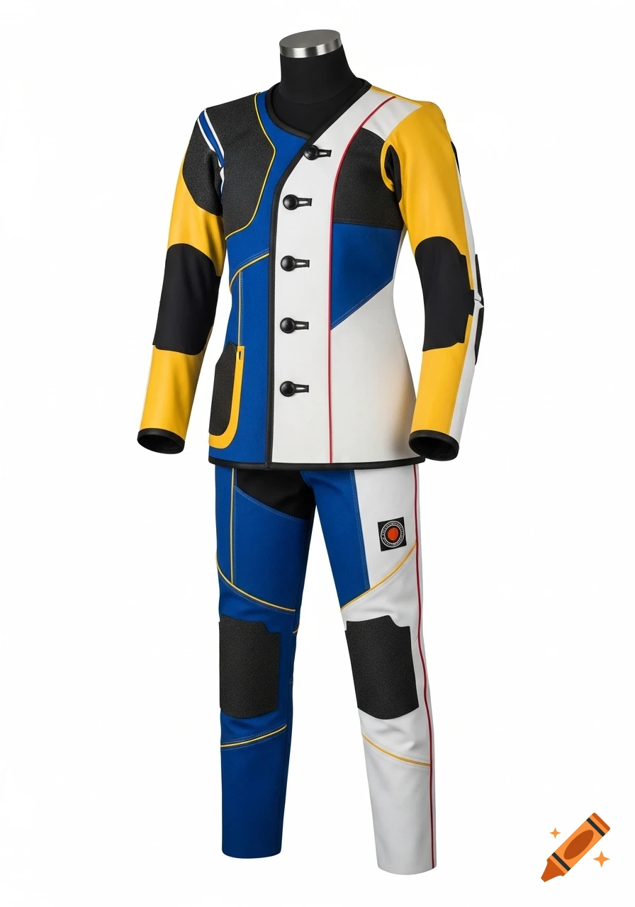 A multi-colored shooting suit in blue, yellow, black, and white on a black mannequin, against a white background.
