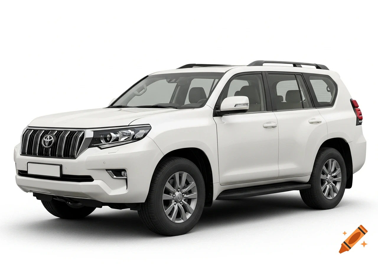 A white Toyota Land Cruiser SUV is parked on a clean white background, viewed from the front-left angle.