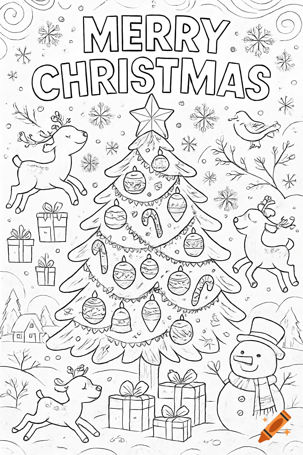 Black and white Christmas coloring page with a decorated tree, flying reindeer, a snowman, gifts, and "MERRY CHRISTMAS" text.