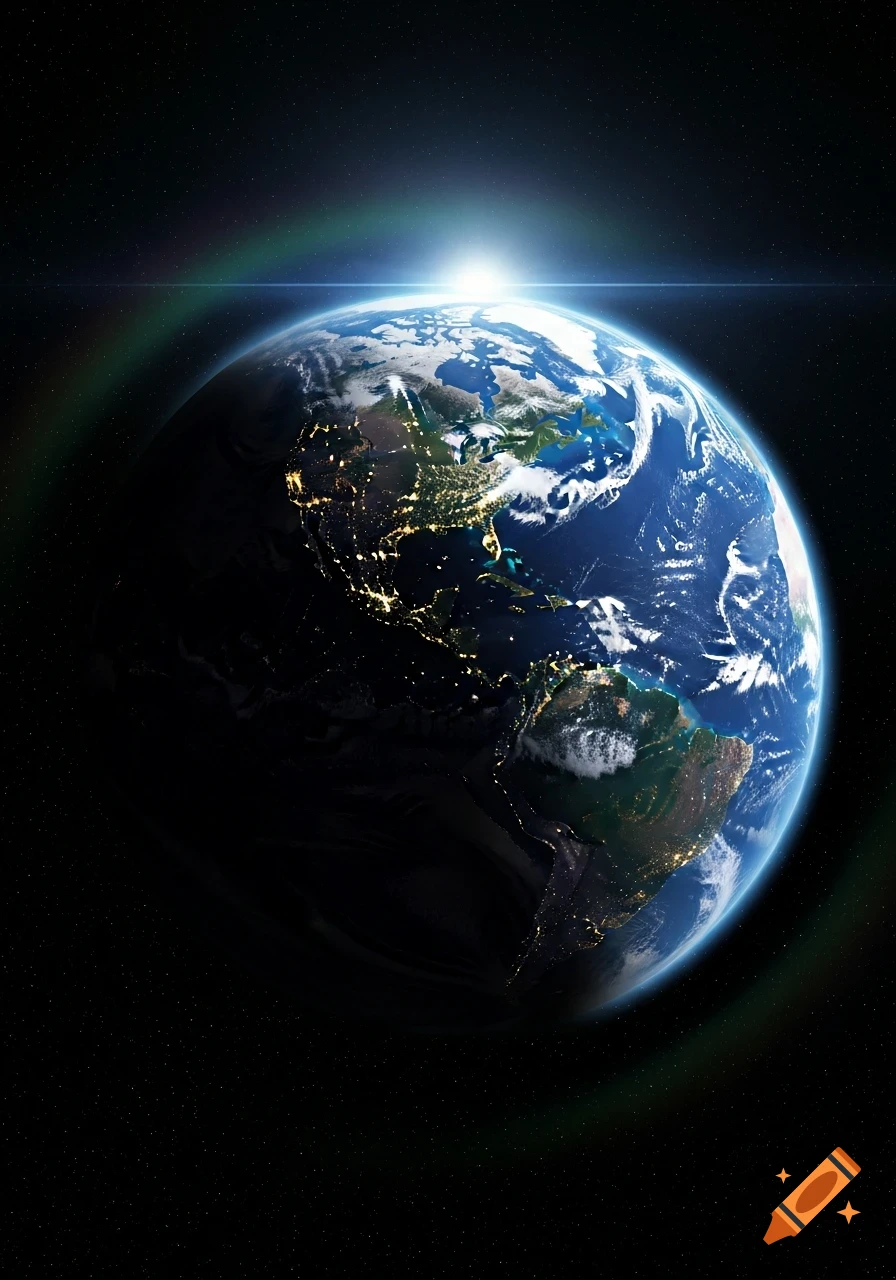 A photorealistic view of Earth from space, showing North and South America illuminated by a rising sun and city lights.