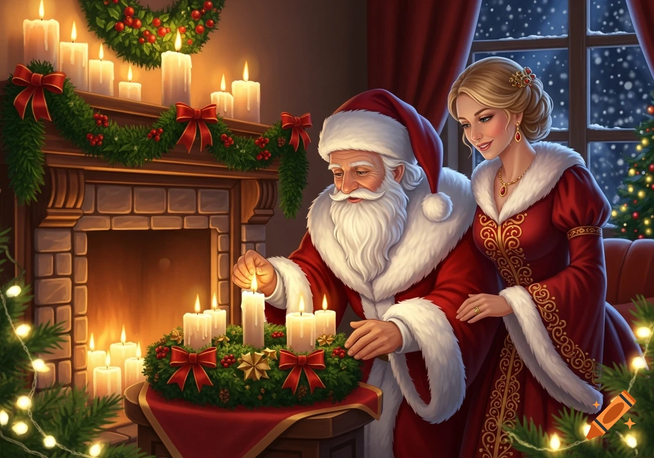 Santa Claus lights an advent candle on a wreath, while Mrs. Claus watches in a cozy, festive room with a fireplace.