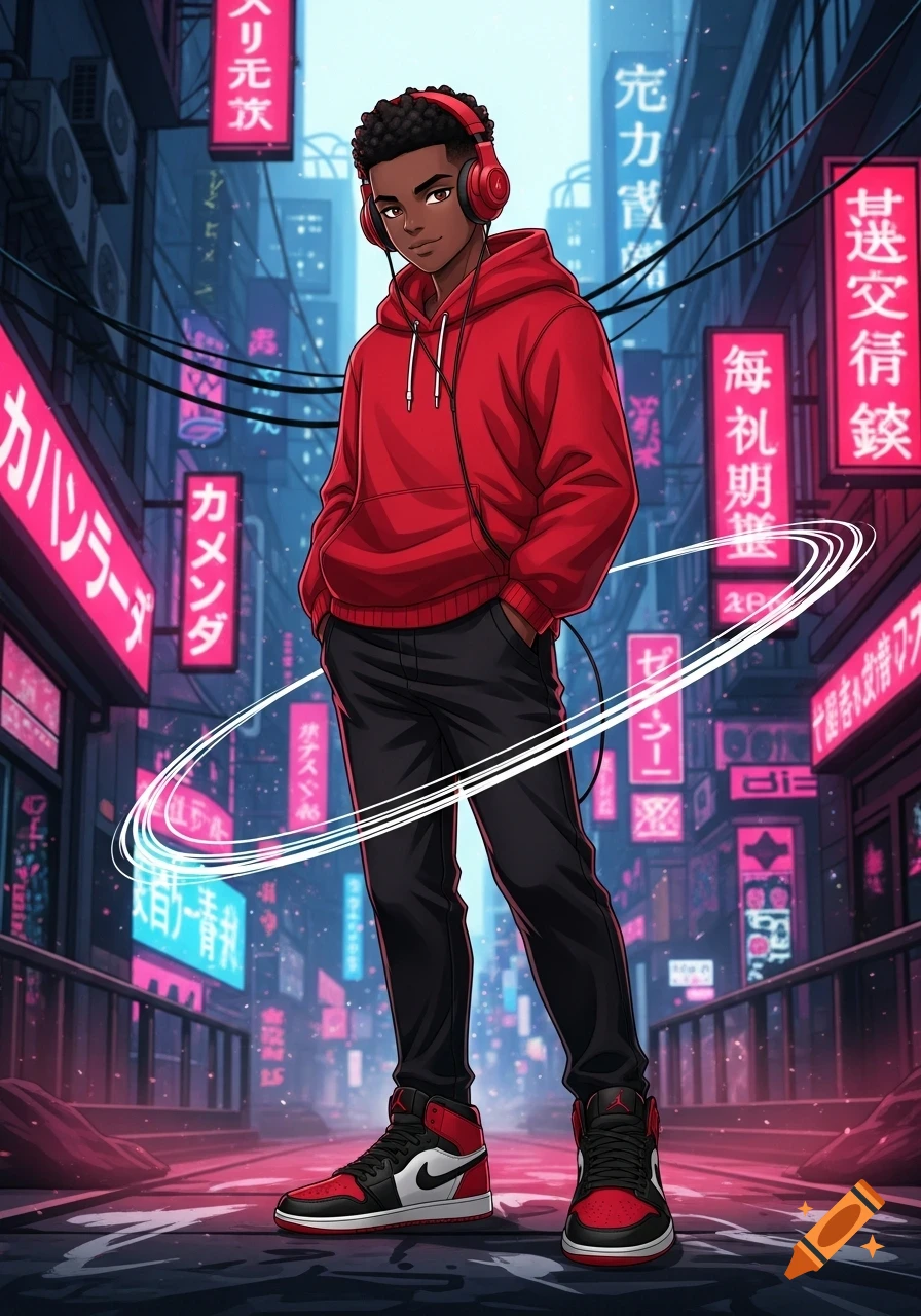 Anime-style Black teen with red hoodie, headphones, and Jordan's, stands on a neon-lit cyberpunk city street.