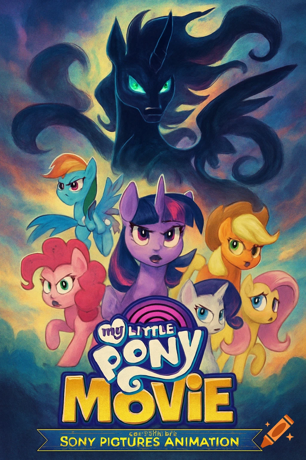A colorful My Little Pony movie poster showing the main ponies facing a dark, evil alicorn under the title 'MY LITTLE PONY MOVIE'.