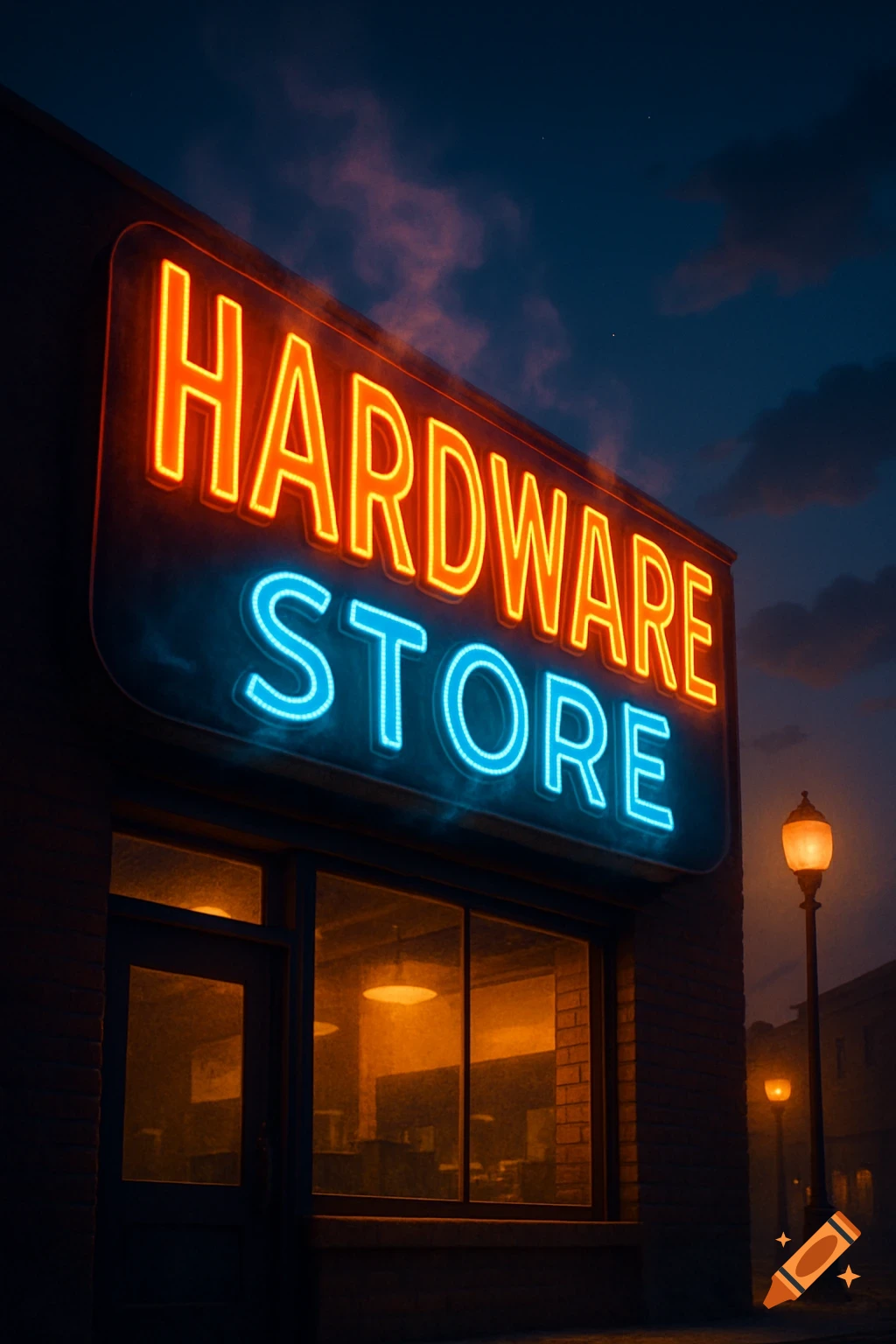 A neon sign for a hardware store glowing brightly against a dark, cloudy night sky.