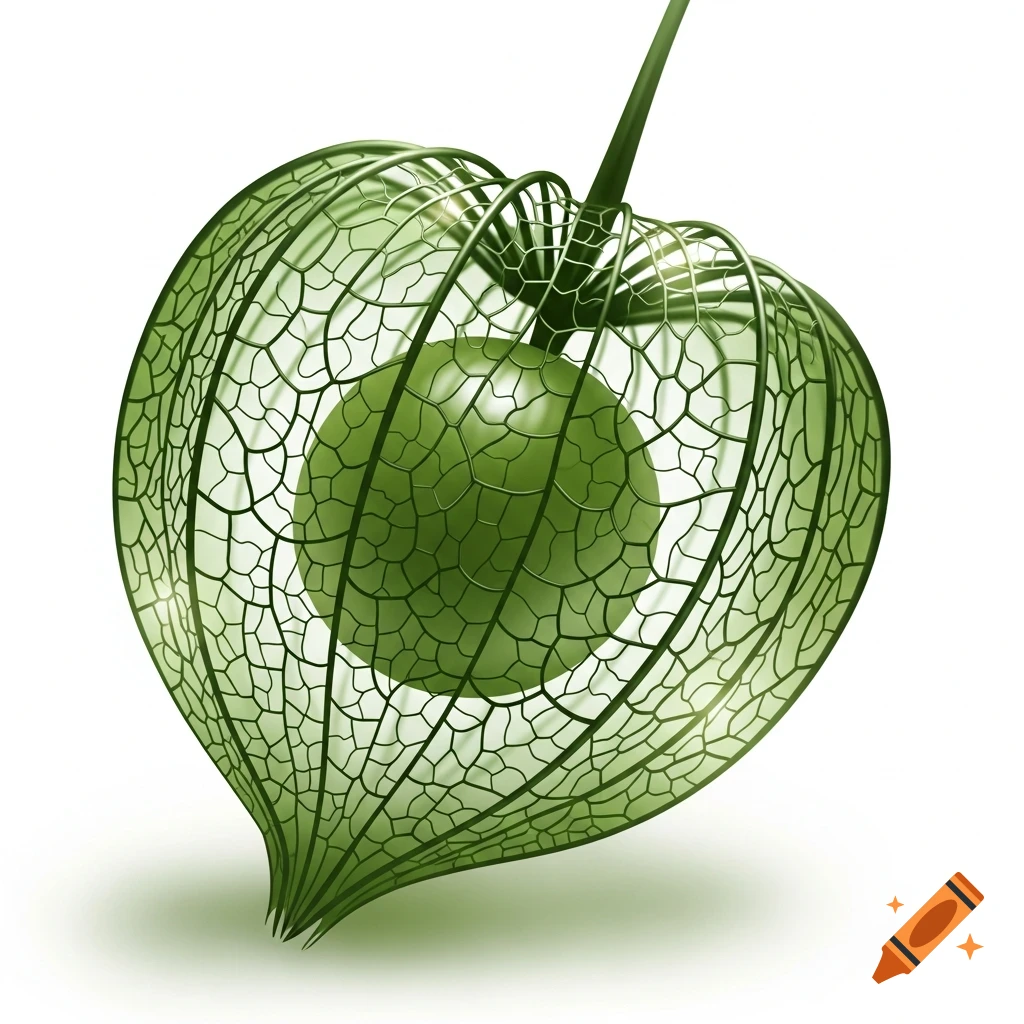 A detailed, close-up shot of a green physalis fruit, encased in its delicate, net-like green calyx, on a white background.