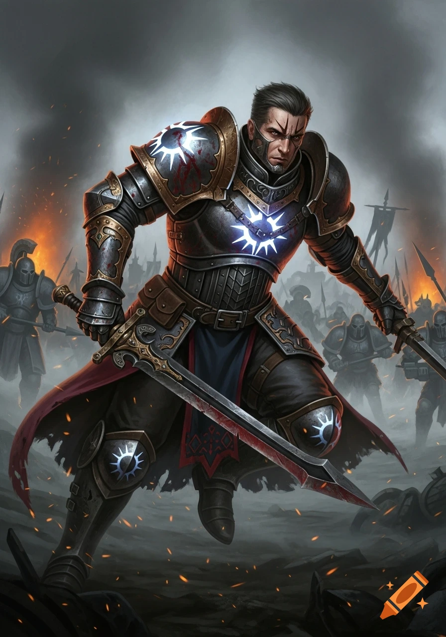 A formidable dark fantasy warrior in ornate armor with glowing symbols and a bloodied sword stands in an action pose on a chaotic battlefield.