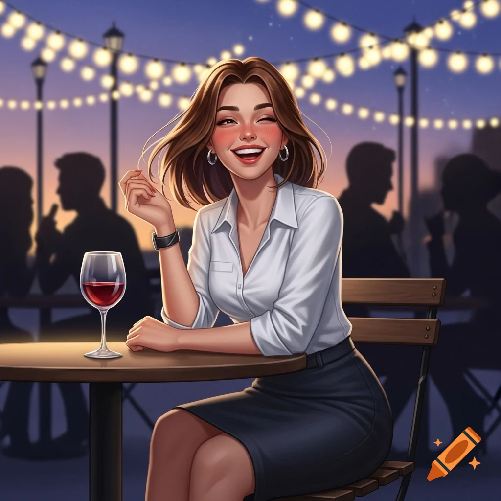 Anime-style illustration of a cheerful woman with a glass of red wine at an outdoor evening cafe.