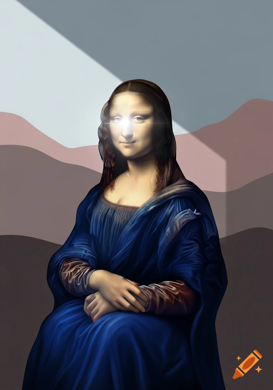 Modern Mona Lisa portrait with a bright light on her face, dressed in blue, against an abstract background.