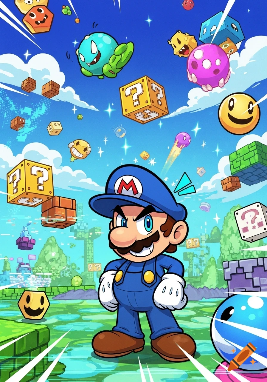 Cartoon Mario-like character in blue with 'M' hat in a vibrant, blocky landscape with floating enemies and question mark blocks.