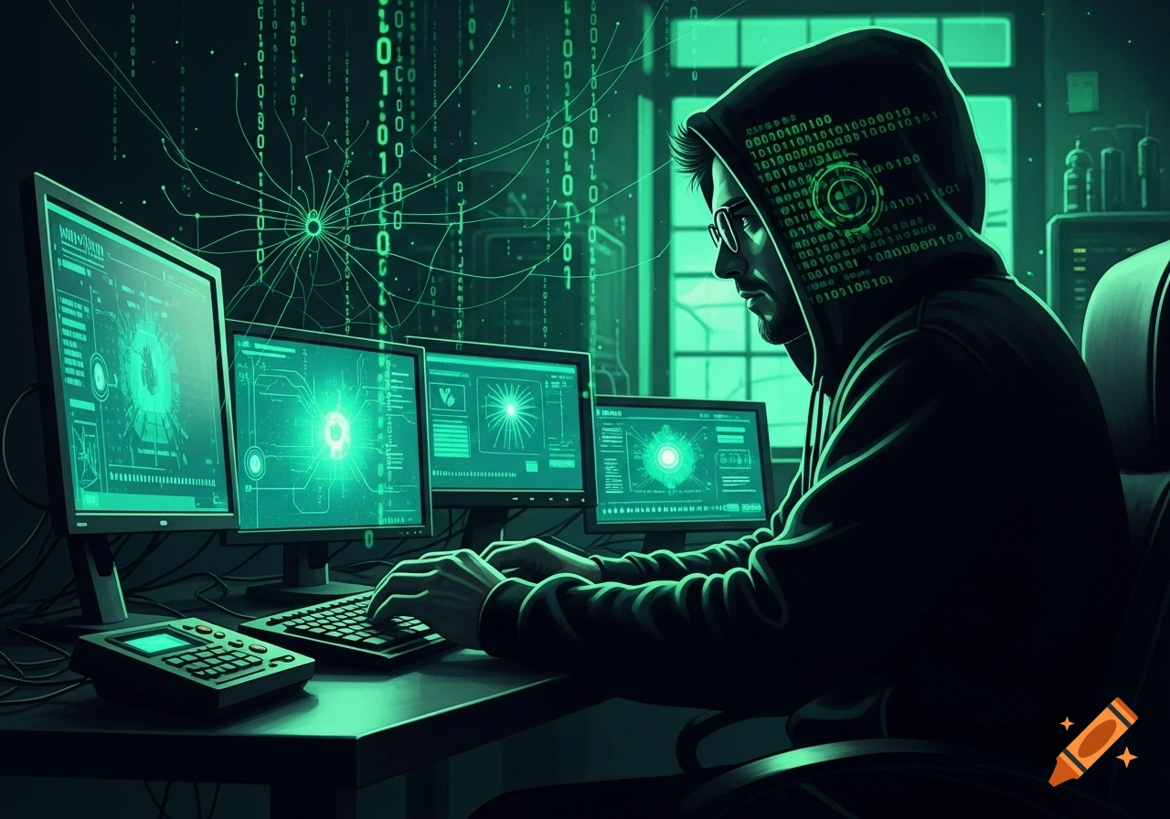 A hooded hacker in glasses types at a multi-monitor computer setup displaying green binary code and digital interfaces in a dark room.