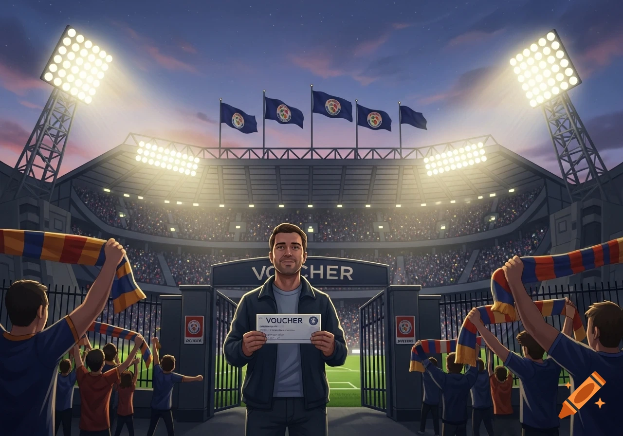An illustration of a man holding a voucher in a crowded soccer stadium at dusk, with bright floodlights and cheering fans holding scarves.