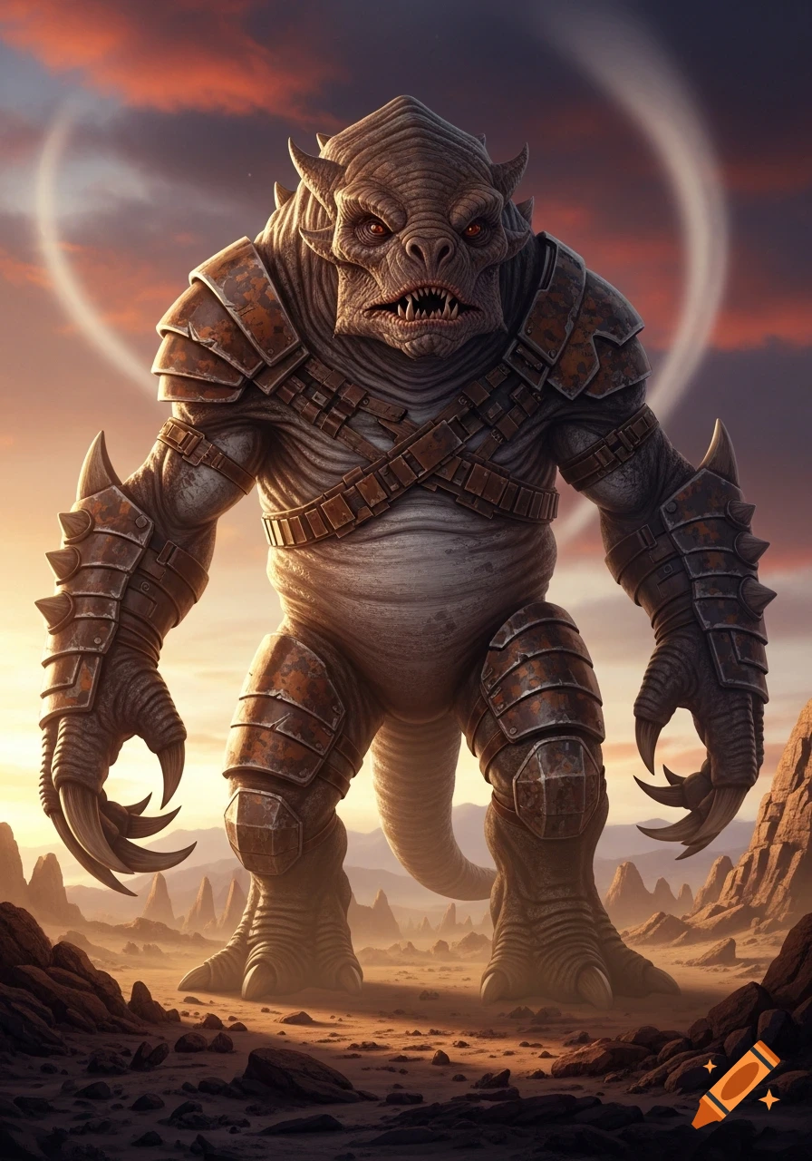 A large, armored reptilian monster with red eyes stands in a desolate desert landscape under a dramatic sunset sky.