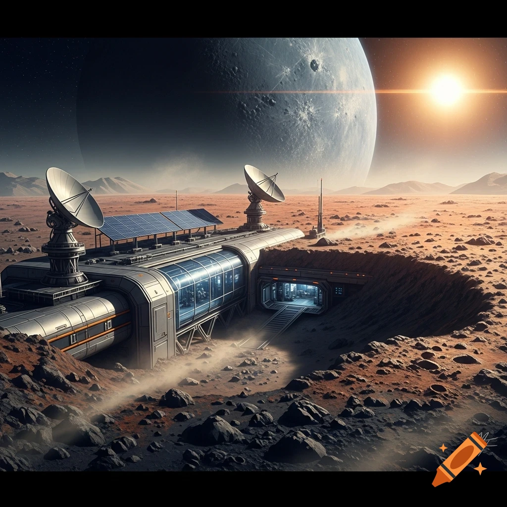 A futuristic research facility with satellite dishes and solar panels on a desolate reddish planet under a huge moon and bright sun.