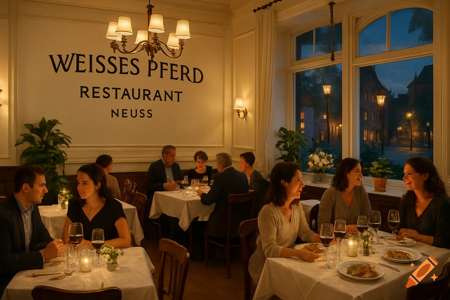 People dine in an elegant restaurant called 'Weisses Pferd' at night, with streetlights visible outside windows.