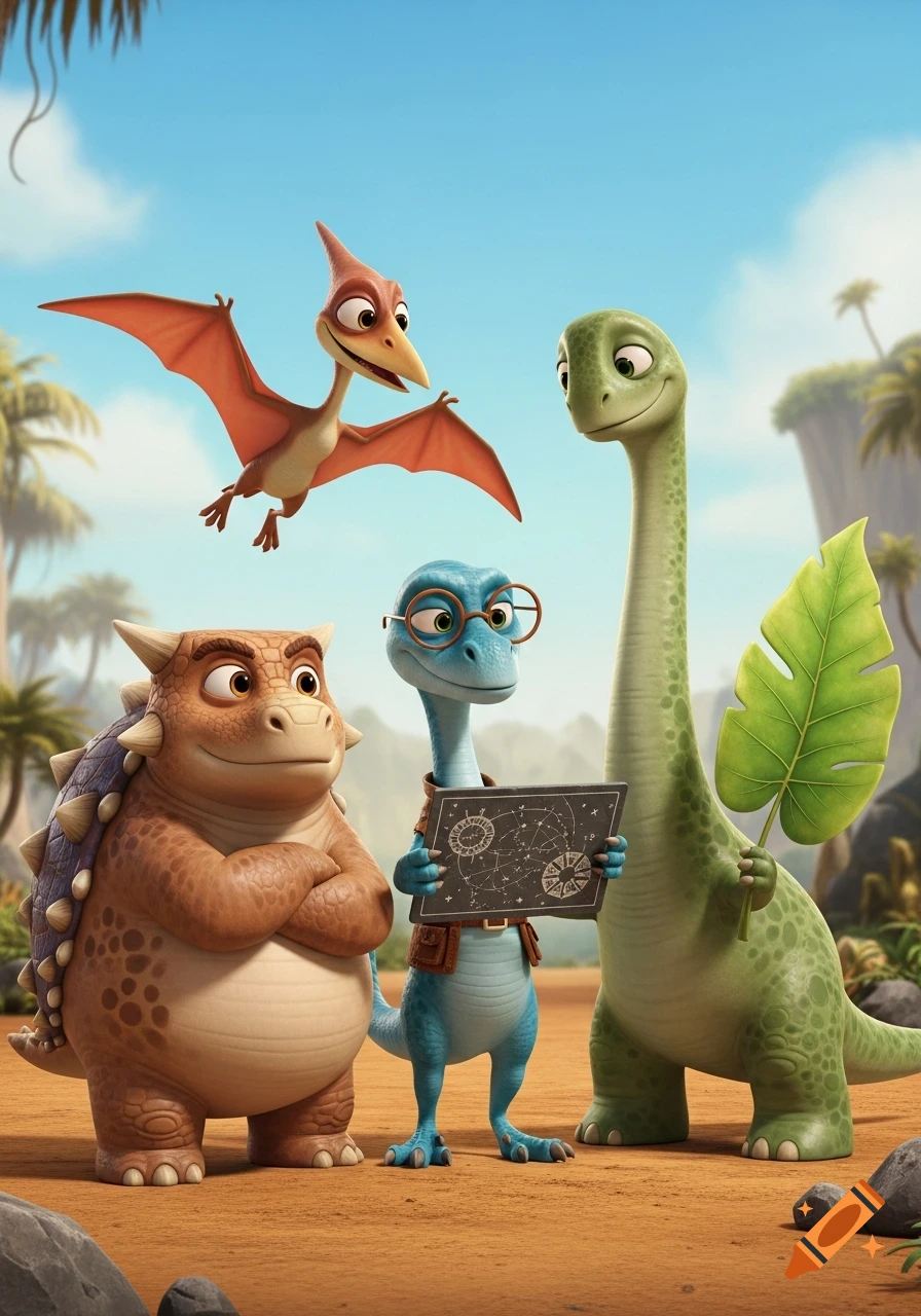 Four expressive 3D cartoon dinosaurs: a flying Pterodactyl, a brown Ankylosaurus, a blue dinosaur with glasses holding a map, and a green Brachiosaurus.