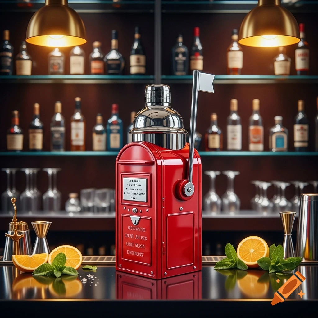 A red cocktail shaker shaped like a mailbox stands on a bar counter with orange slices and mint, against blurred liquor bottles.