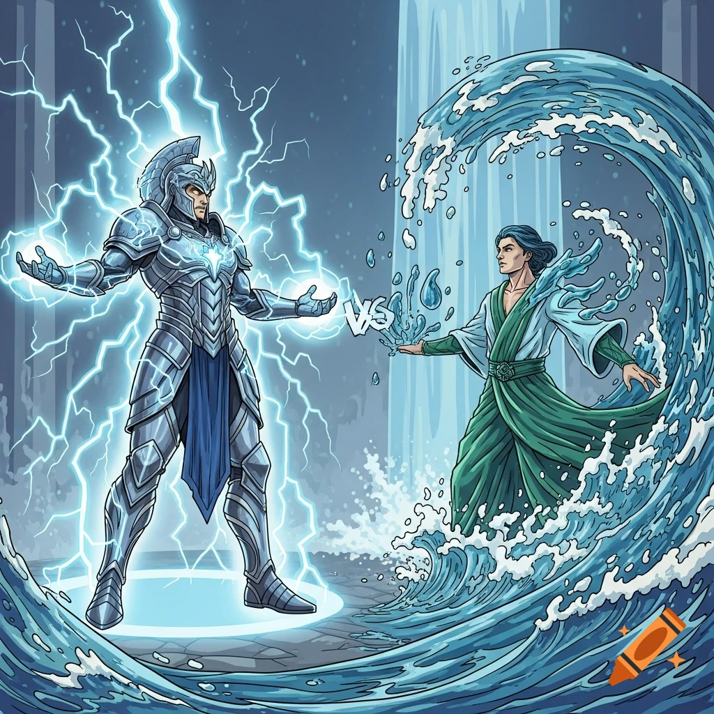 Vector art of a lightning god in armor facing a water god amidst a stormy environment.