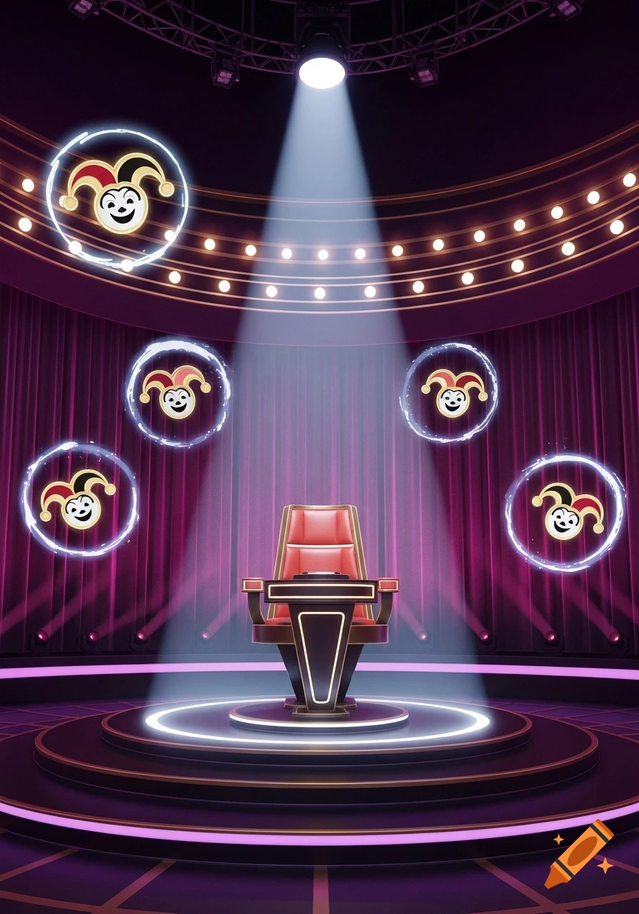 A vibrant quiz show stage featuring a central red host chair on a circular platform, illuminated by a bright spotlight. Five glowing joker symbols float against purple velvet curtains.
