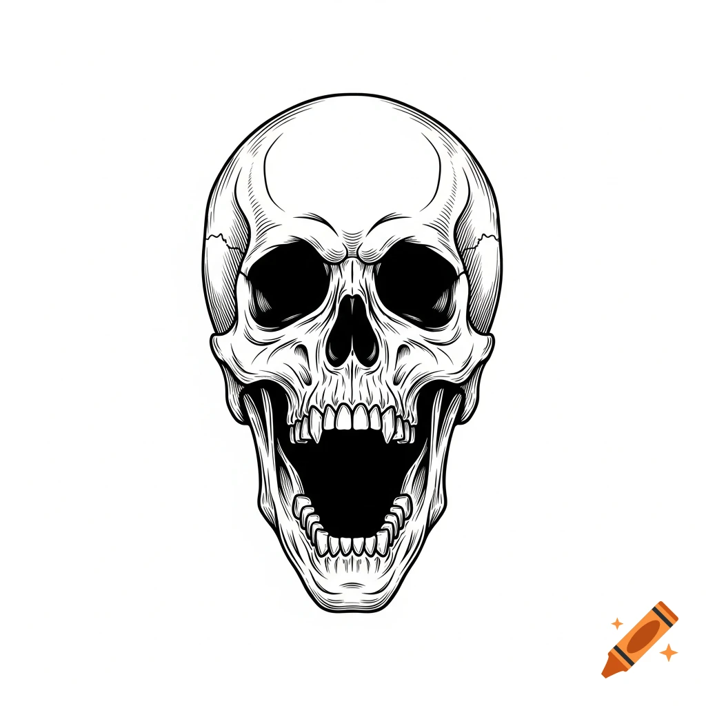 Black and white line drawing of a screaming skull with an open mouth and visible teeth.