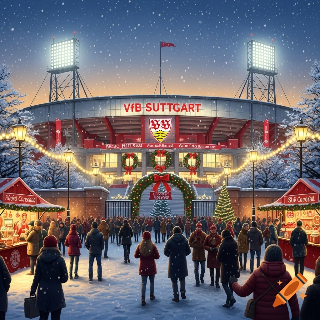 A snowy Christmas market scene in front of a large, lit-up stadium with "VFB STUTTGART" written on it, under a night sky with falling snow.