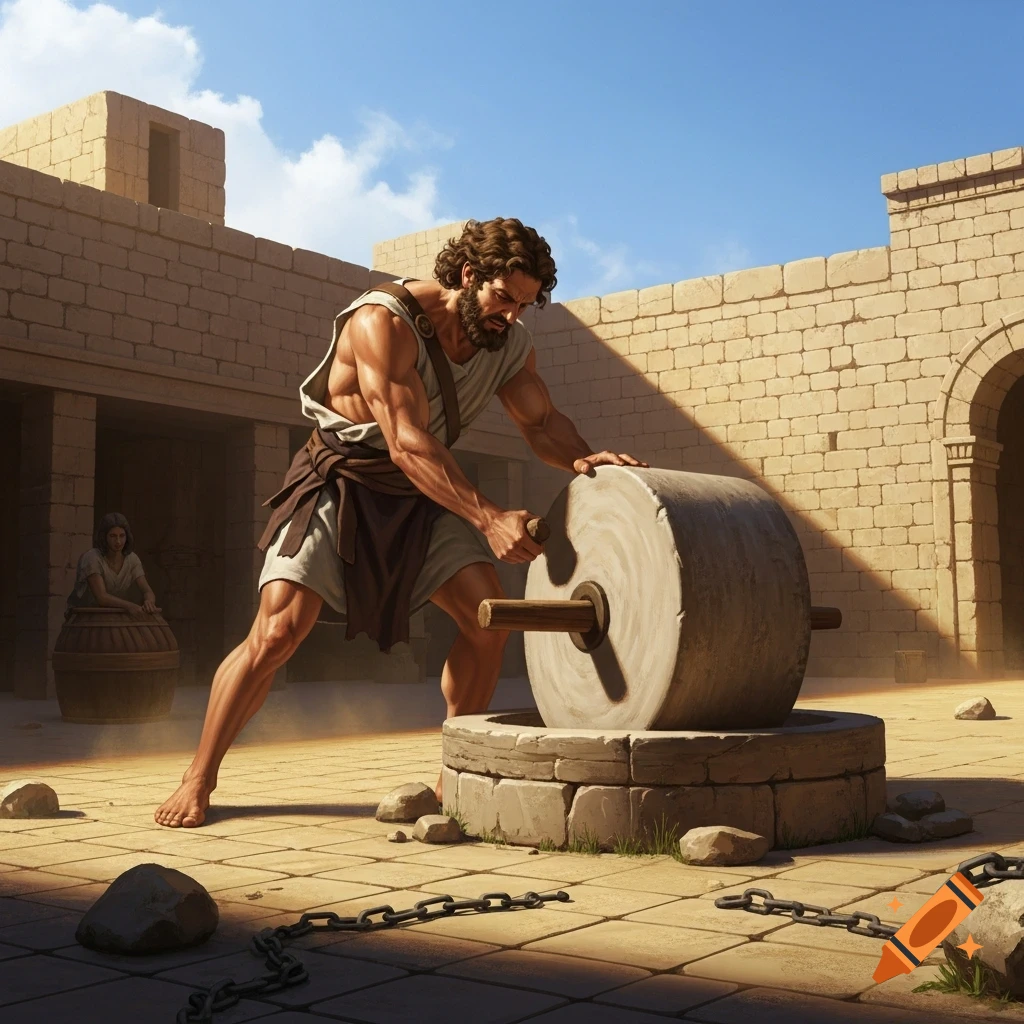 Muscular Samson pushes a large millstone in a sunlit ancient courtyard, with chains on the ground.