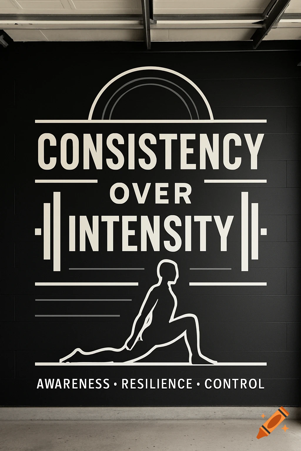 A black-and-white mural on a dark wall features text 'CONSISTENCY OVER INTENSITY,' a stretching silhouette, and 'AWARENESS "," RESILIENCE "," CONTROL'.