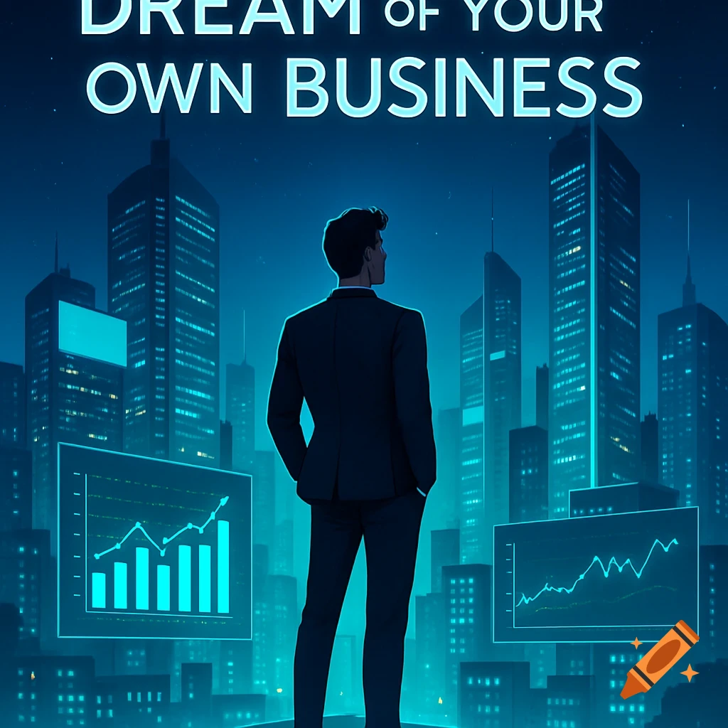 A man in a suit looks over a futuristic cityscape with glowing business charts, text reads 'DREAM OF YOUR OWN BUSINESS'.