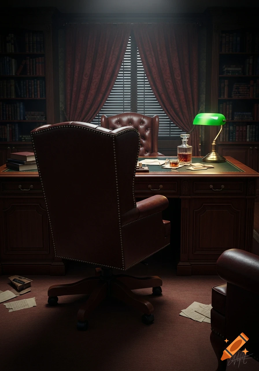 A moody, dark office with a leather swivel chair facing away from a wooden desk. A green desk lamp, whiskey decanter, and books are on the desk.