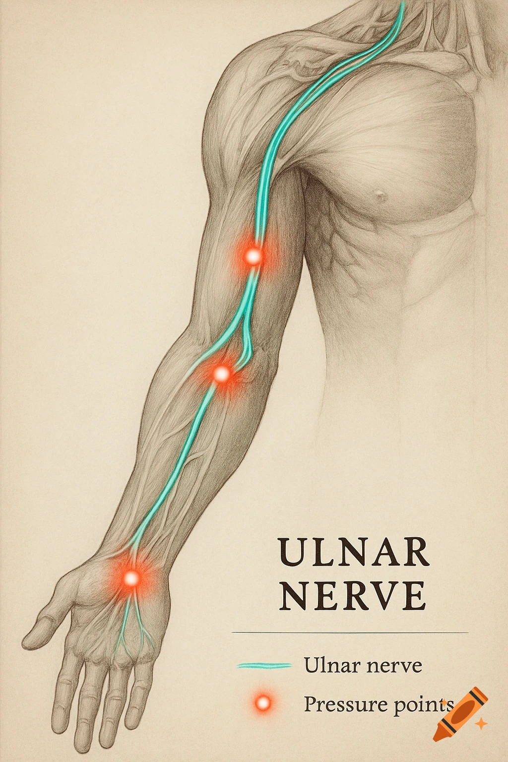 Pencil sketch anatomical diagram of a human arm showing the ulnar nerve path in blue-green with red pressure points.