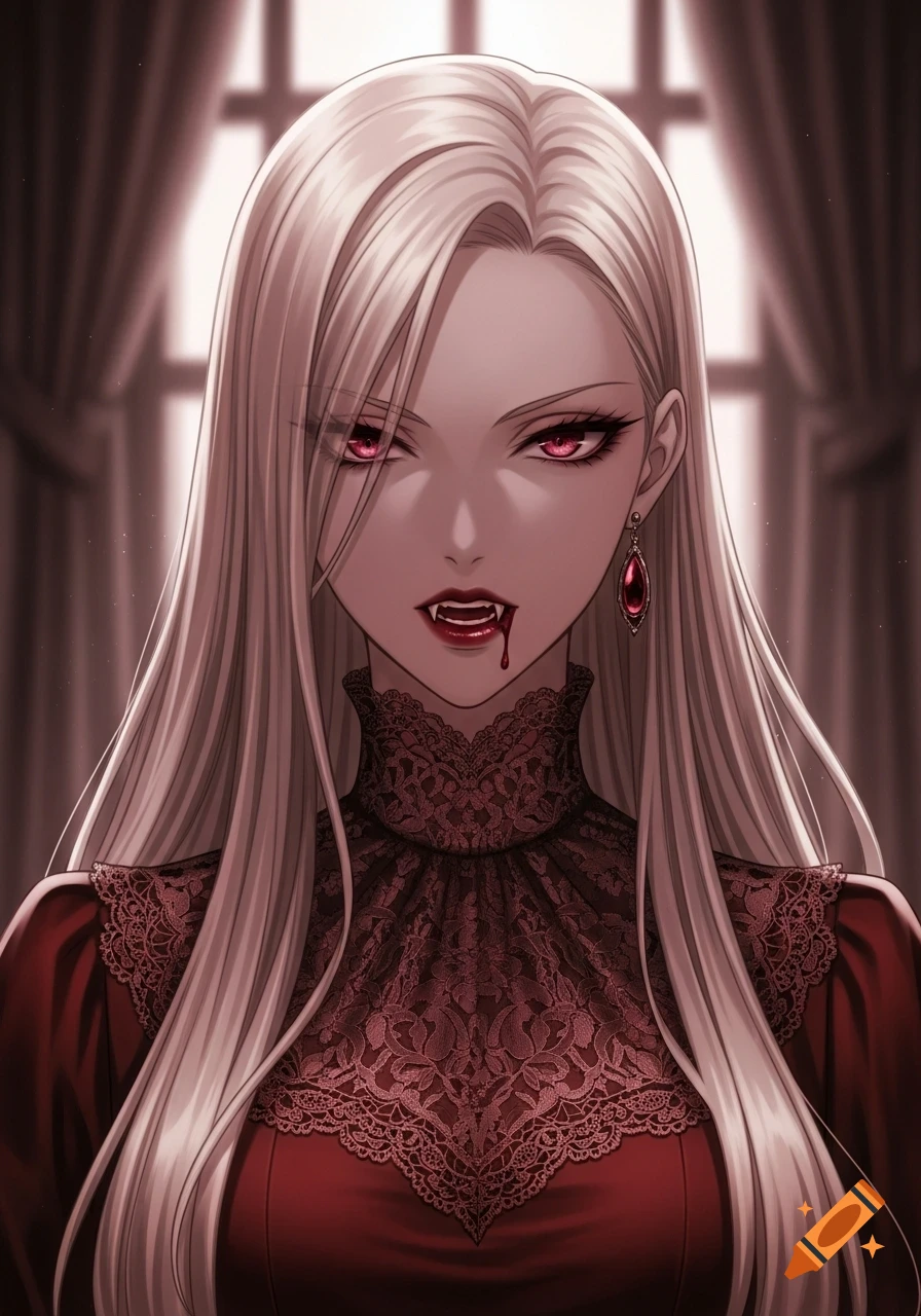 Anime portrait of a vampire mistress with long blonde hair, red eyes, fangs, and blood on her lips, wearing a red Victorian dress.