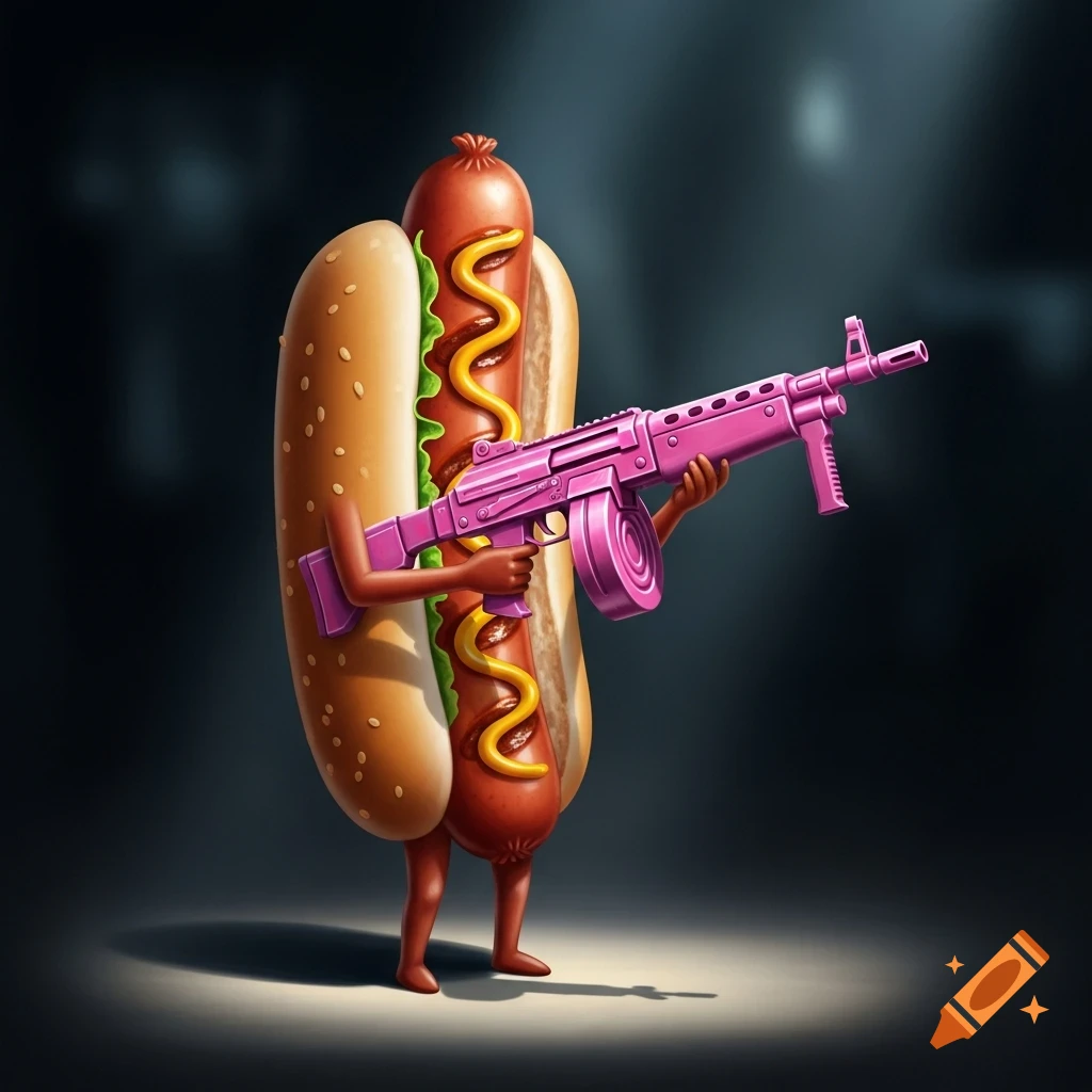 A cartoon hot dog stands in a bun with mustard and relish, holding a bright pink machine gun in a dimly lit setting.
