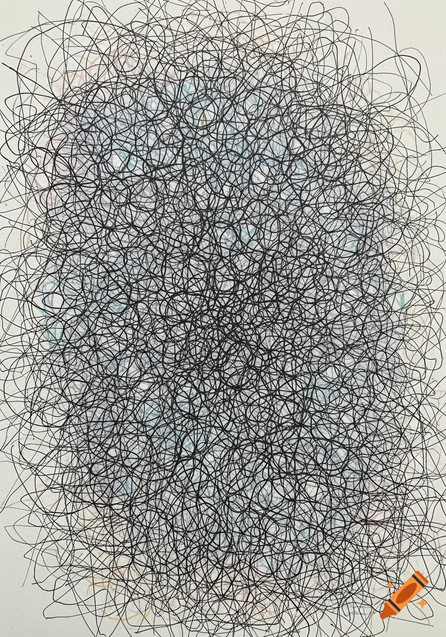 A dense pattern of tangled black lines, reminiscent of a scribble or knotted threads, with faint watercolor washes of blue, green, and pink in the background.