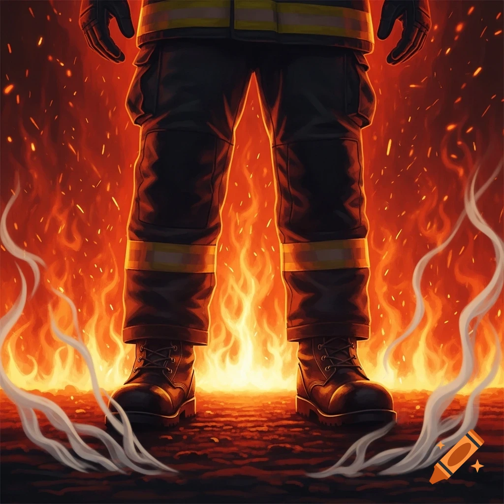 A firefighter's legs and boots stand amidst intense flames and smoke in a dramatic, low-angle shot.