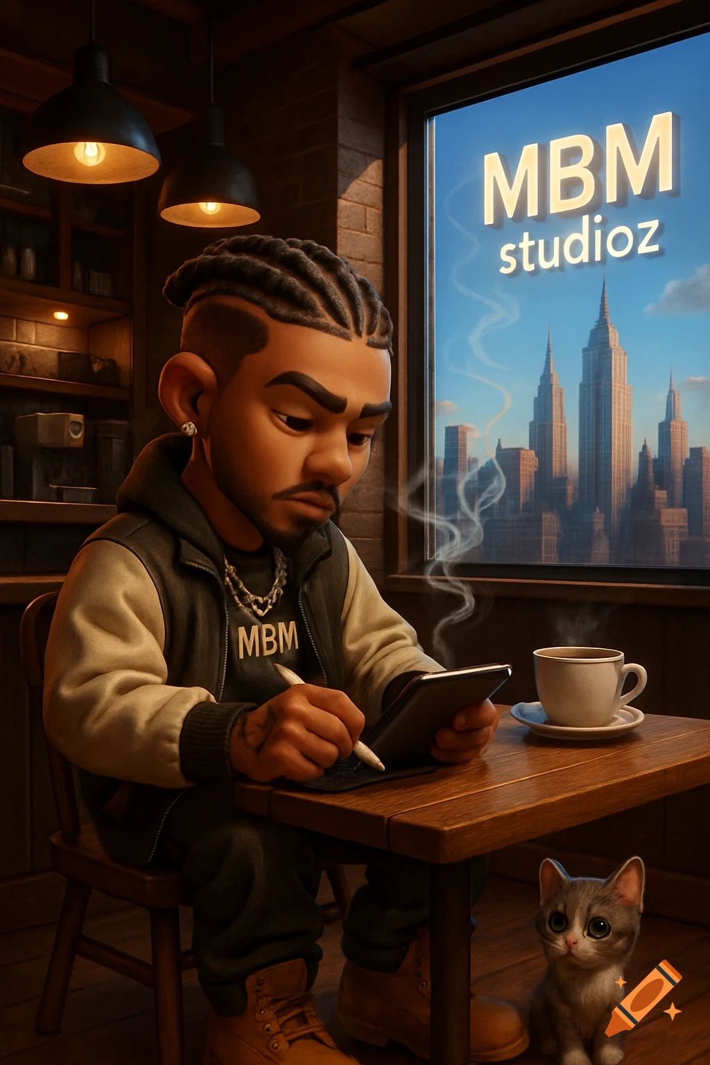 3D cartoon of a man with braids using a tablet in a cozy NYC coffee shop with a kitten, city skyline visible through window.