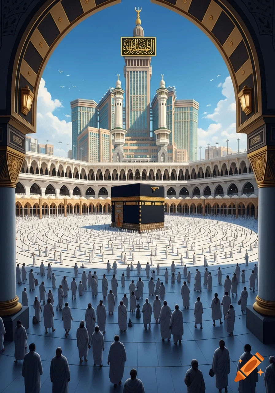 Panoramic view of the Grand Mosque in Mecca, with the Kaaba surrounded by pilgrims and the Abraj Al Bait clock tower.