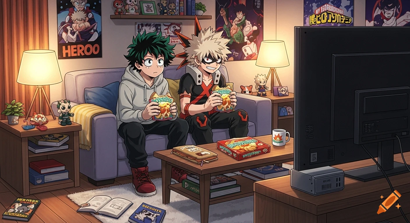Anime characters Deku and Bakugo sit on a couch in a living room, eating sandwiches and watching TV.