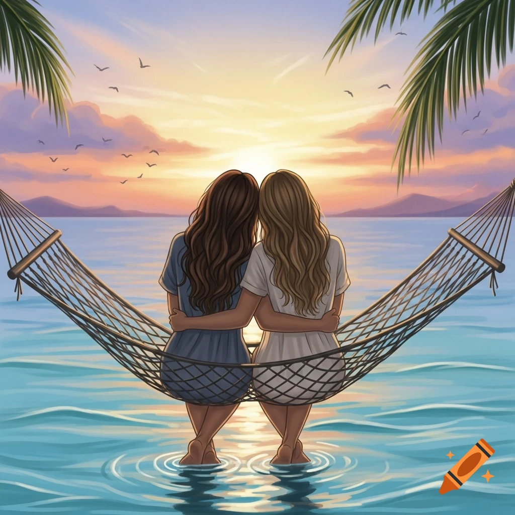 Two women with their backs to the viewer sit in a hammock over the ocean at sunset, framed by palm fronds.