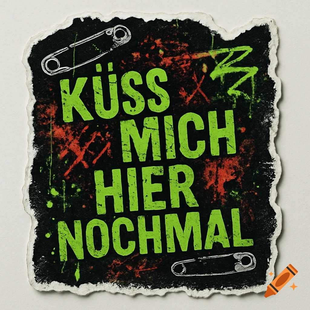 A punk-style sticker with green text "Küss mich hier nochmal" on a black background with red splatters and safety pins.