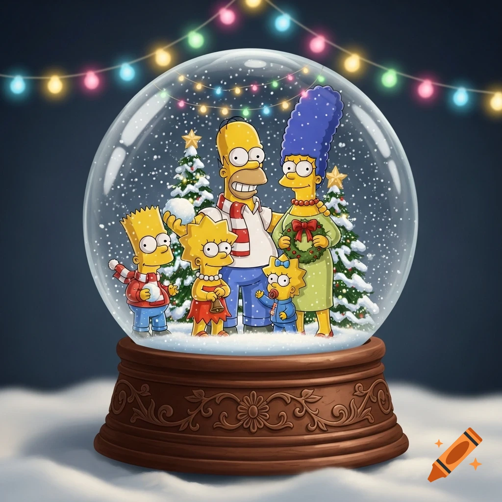 The Simpsons family, including Homer, Marge, Bart, Lisa, and Maggie, inside a festive Christmas snow globe.
