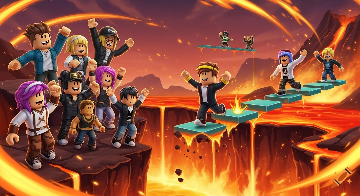 Roblox characters on a volcanic obstacle course, with some cheering on others crossing lava pits on floating platforms.