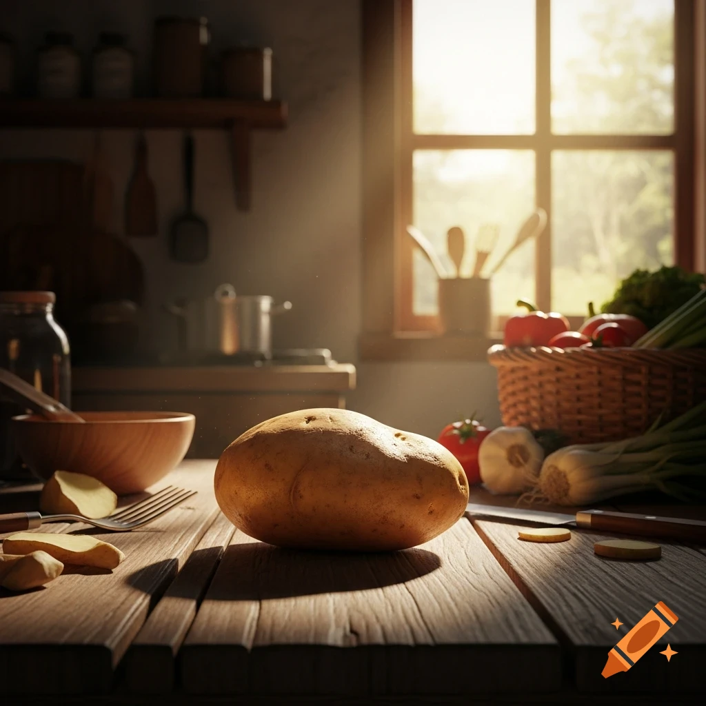 A photorealistic potato on a rustic wooden table in a sunlit kitchen with other fresh vegetables and cooking utensils.