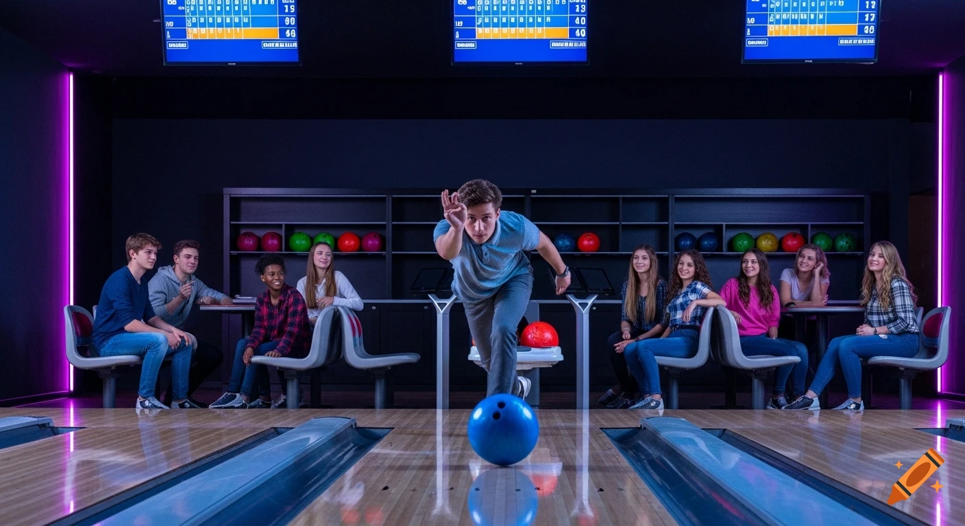 A group of young people at a modern bowling alley. One boy bowls a blue ball down the lane while friends watch and smile under neon lights.